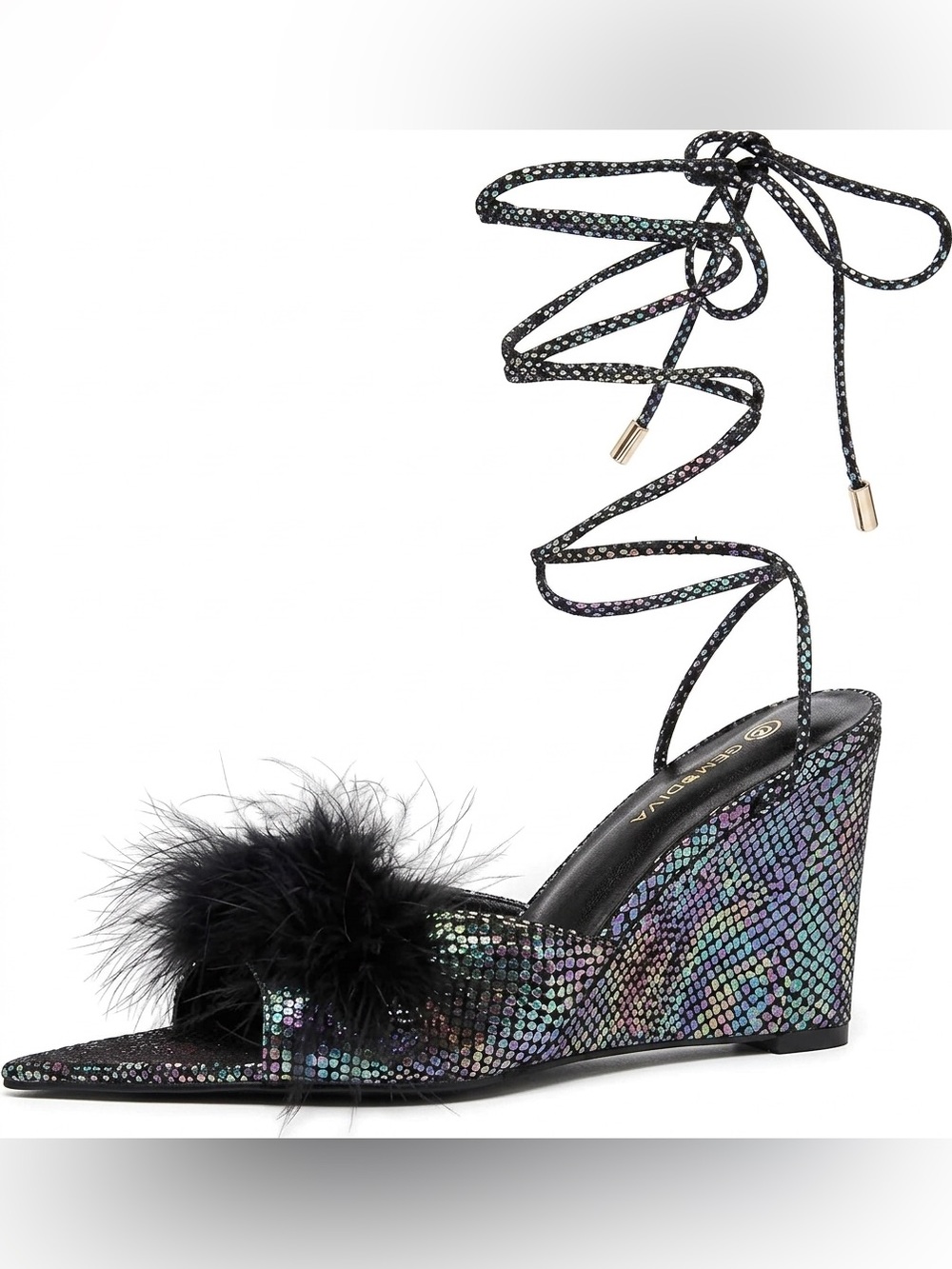Iridescent Black Lace-Up Wedge Sandals with Feather Pom